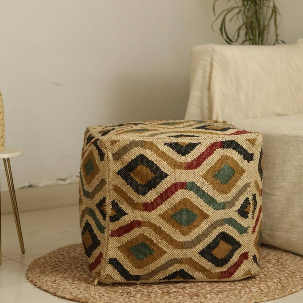 Aztec beige jute blend pouf