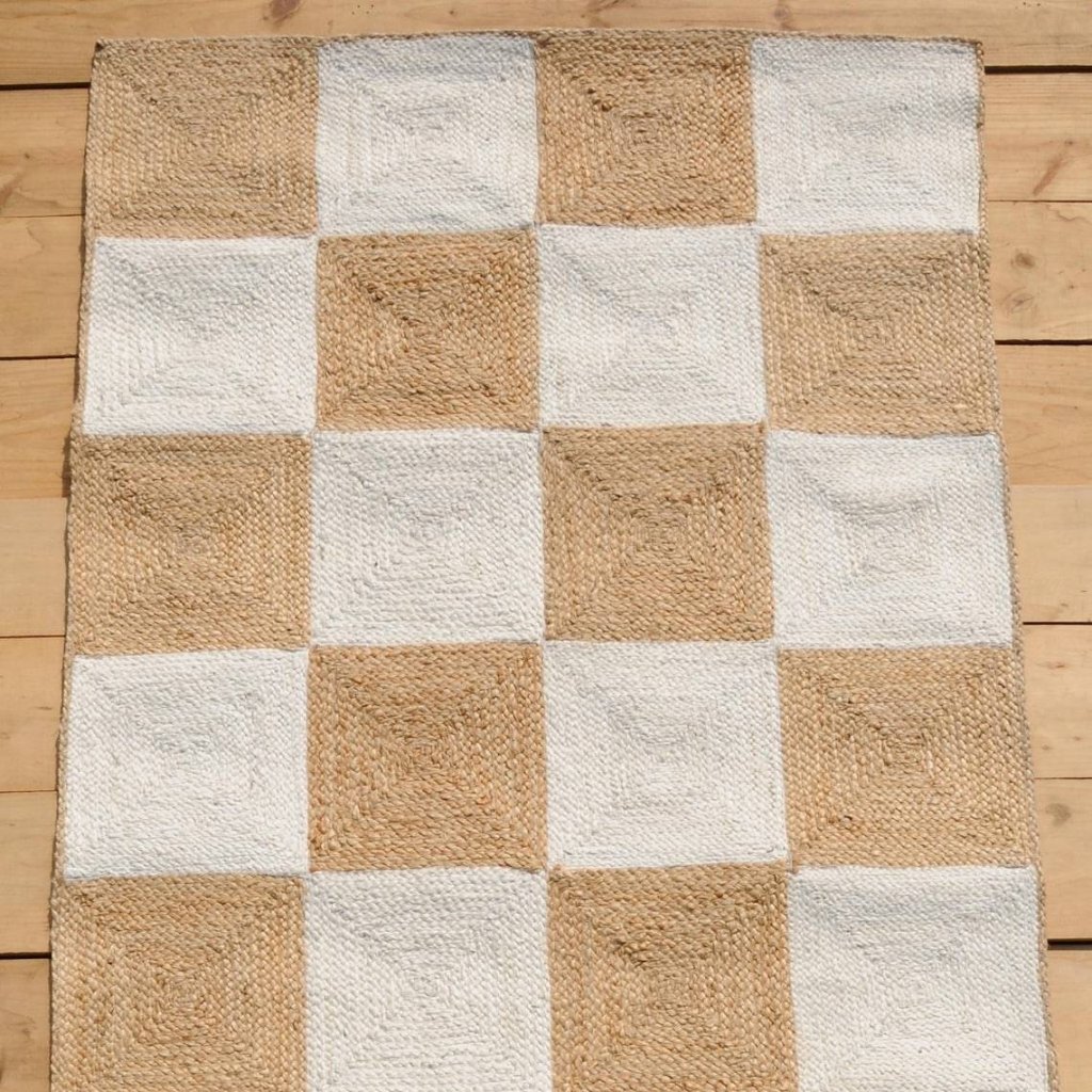 Beige And White Checkerboard Jute Rug