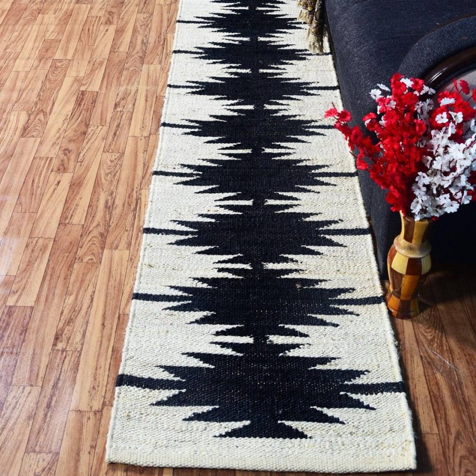 Black and white hemp jute rug runner