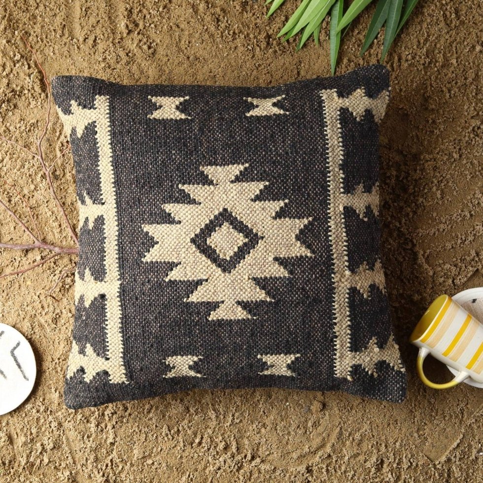 Black ornate wool and jute pillow
