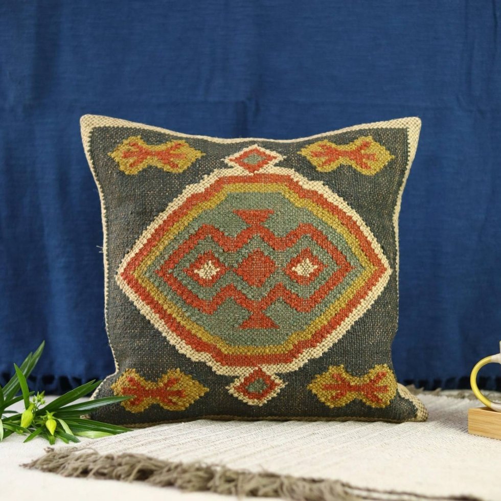 Ethnic wool and jute kilim pillow