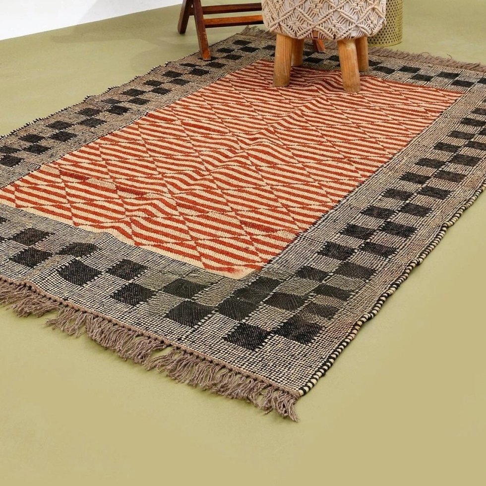 Geometric orange wool jute rug - Image 2