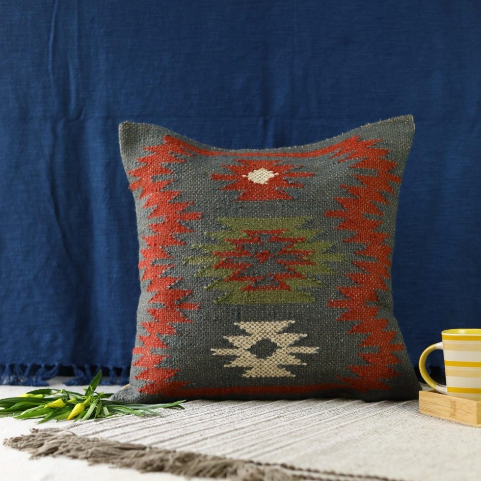 Green Turkish style wool and jute throw pillow