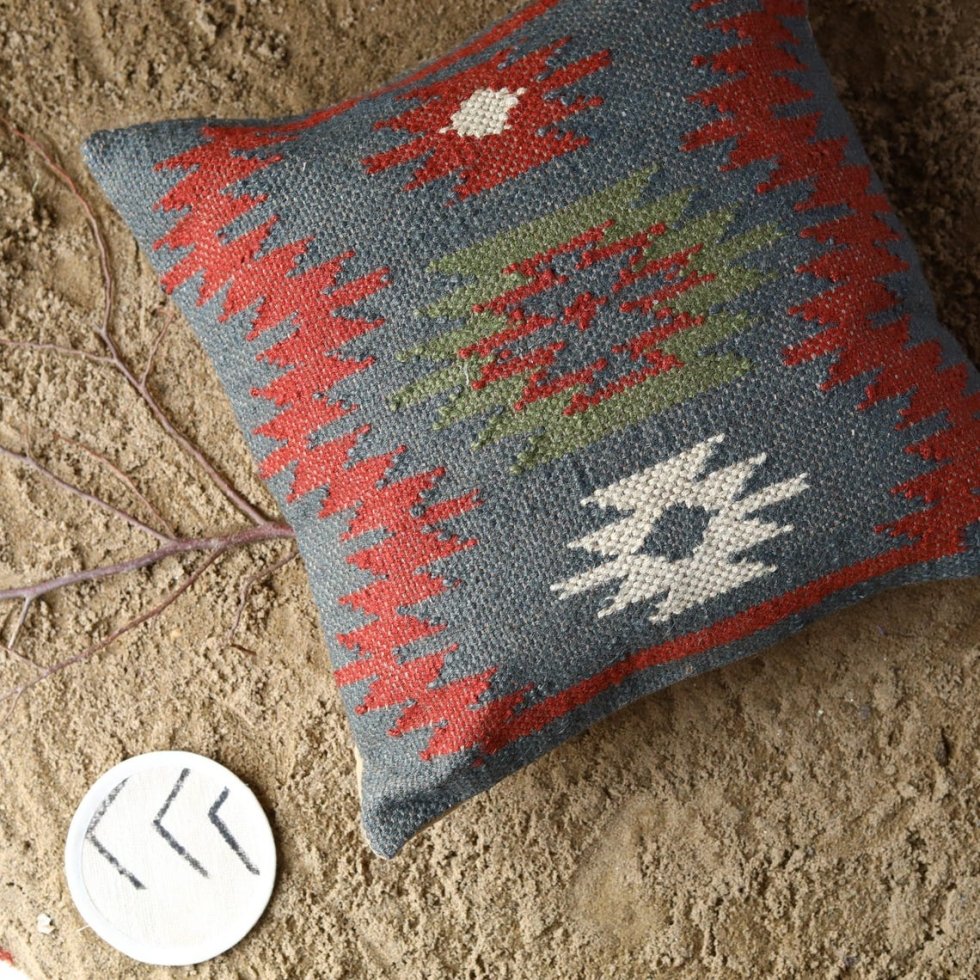 Green Turkish style wool and jute throw pillow - Image 3