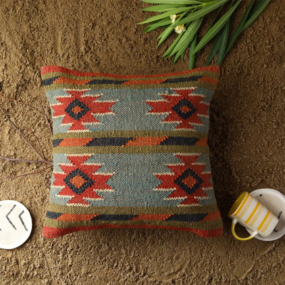 Green stripe wool and jute pillow