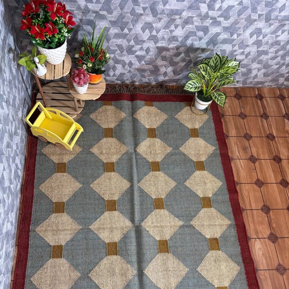 Green woven wool and jute rug - Image 2
