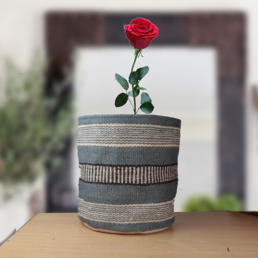 Grey stripe jute flower basket