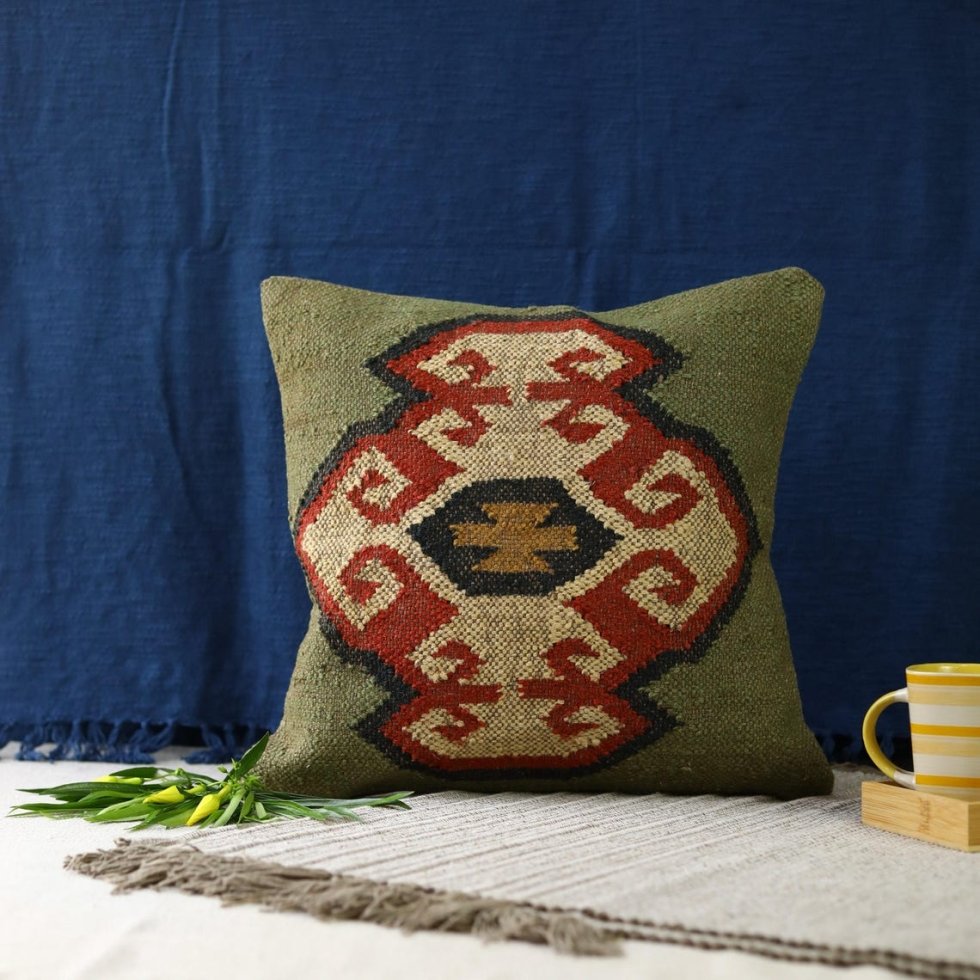 Handwoven wool and jute kilim pillow