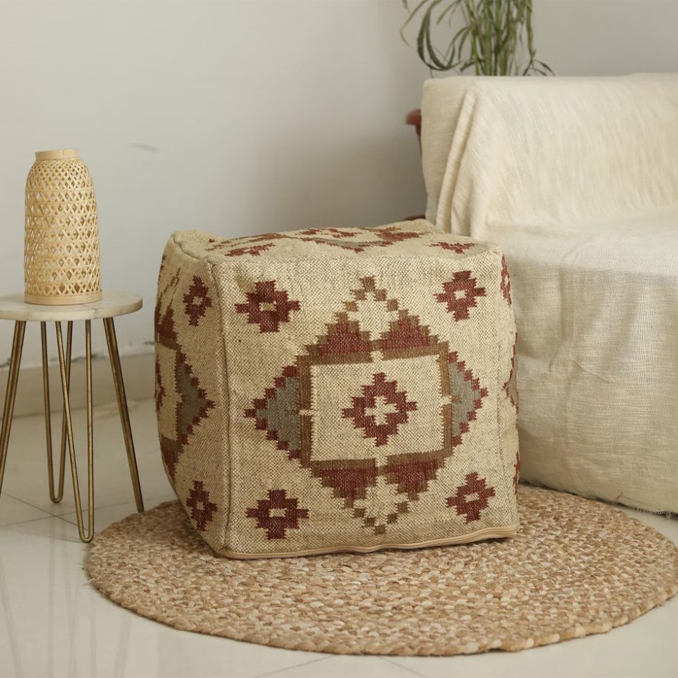 Ivory diamond jute blend pouf