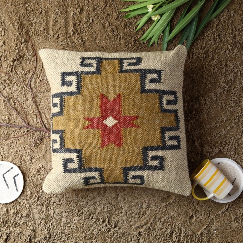 Ivory ornate wool and jute pillow