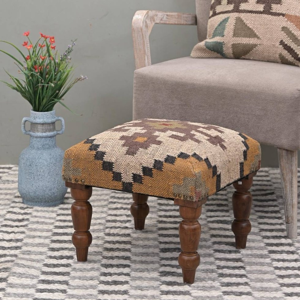 Ivory square ornate jute footstool ottoman - Image 2
