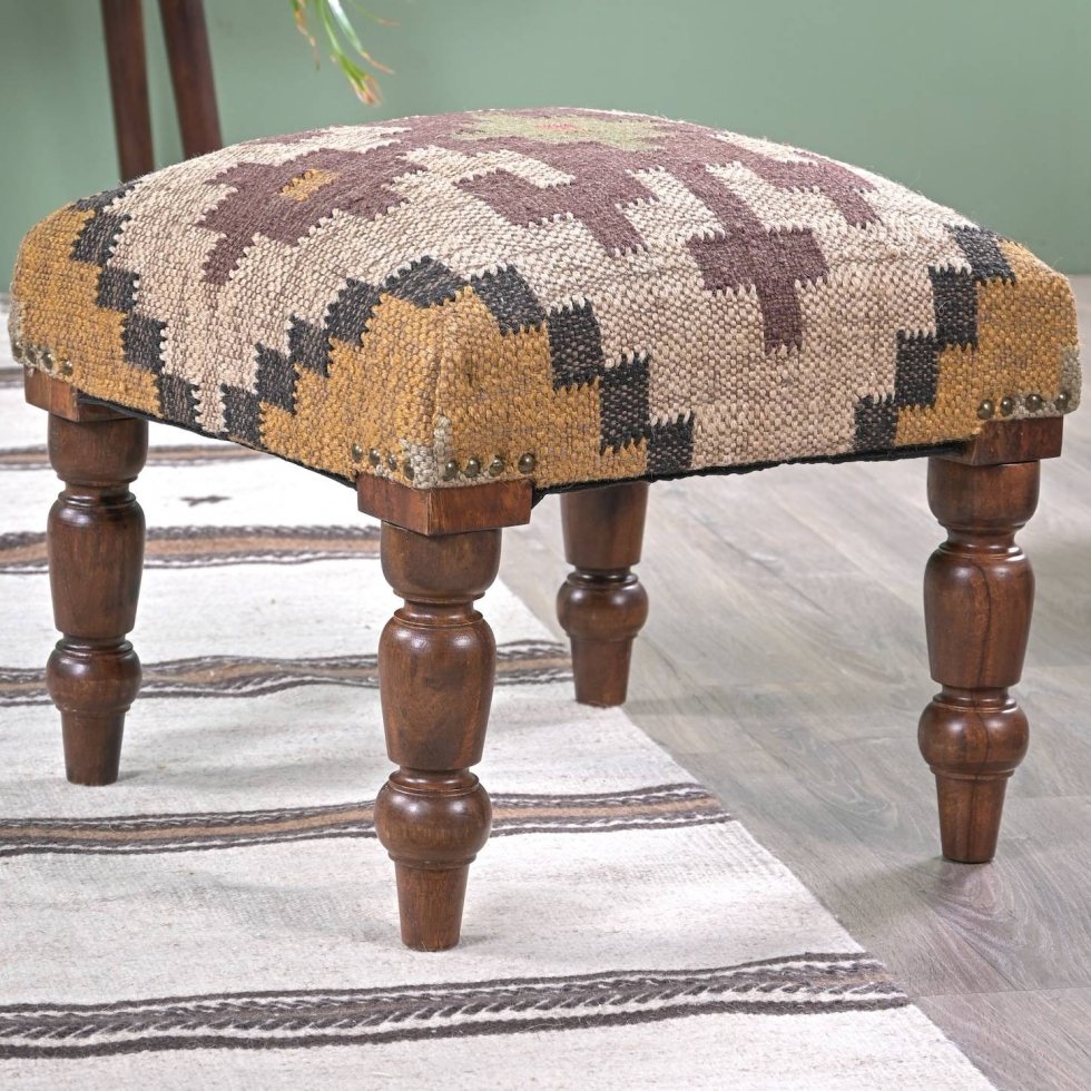 Ivory square ornate jute footstool ottoman