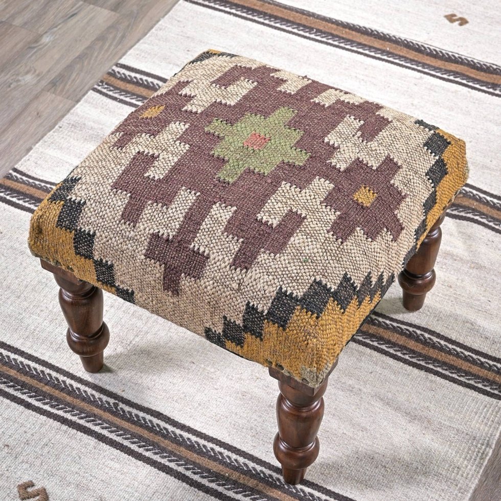 Ivory square ornate jute footstool ottoman - Image 3