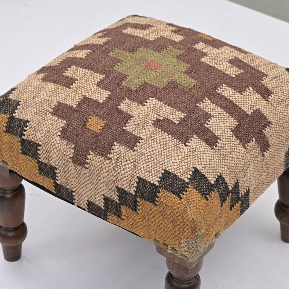 Ivory square ornate jute footstool ottoman - Image 4
