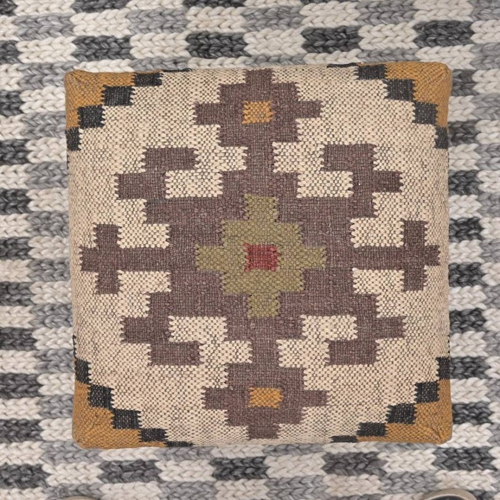 Ivory square ornate jute footstool ottoman - Image 5