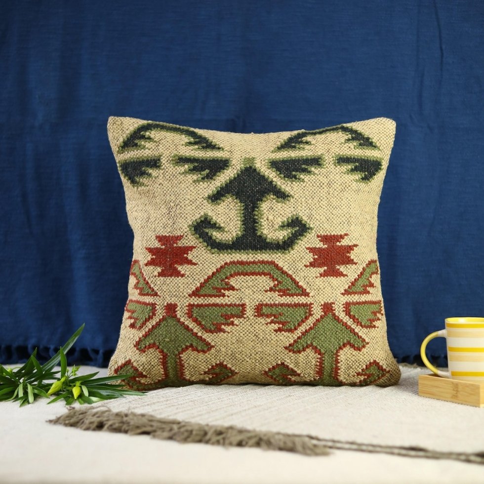 Ivory tribal woo and jute pillow