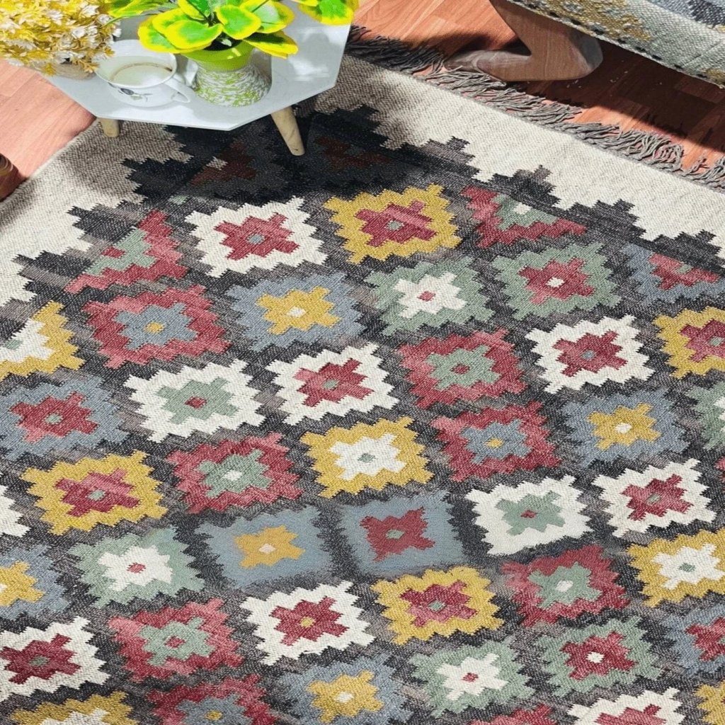 Yellow Rug Diamond Pattern Large Diamond Wool And Jute Rug