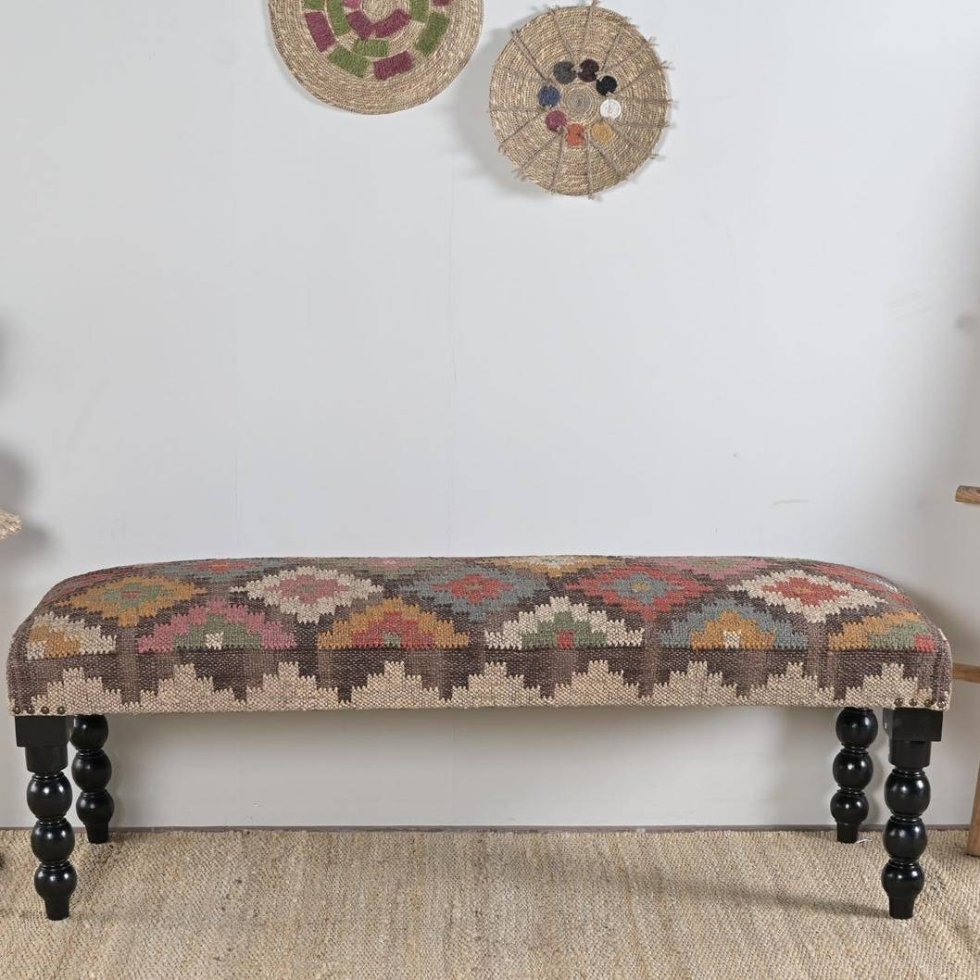 Multicolor diamond wool and jute ottoman bench - Image 3