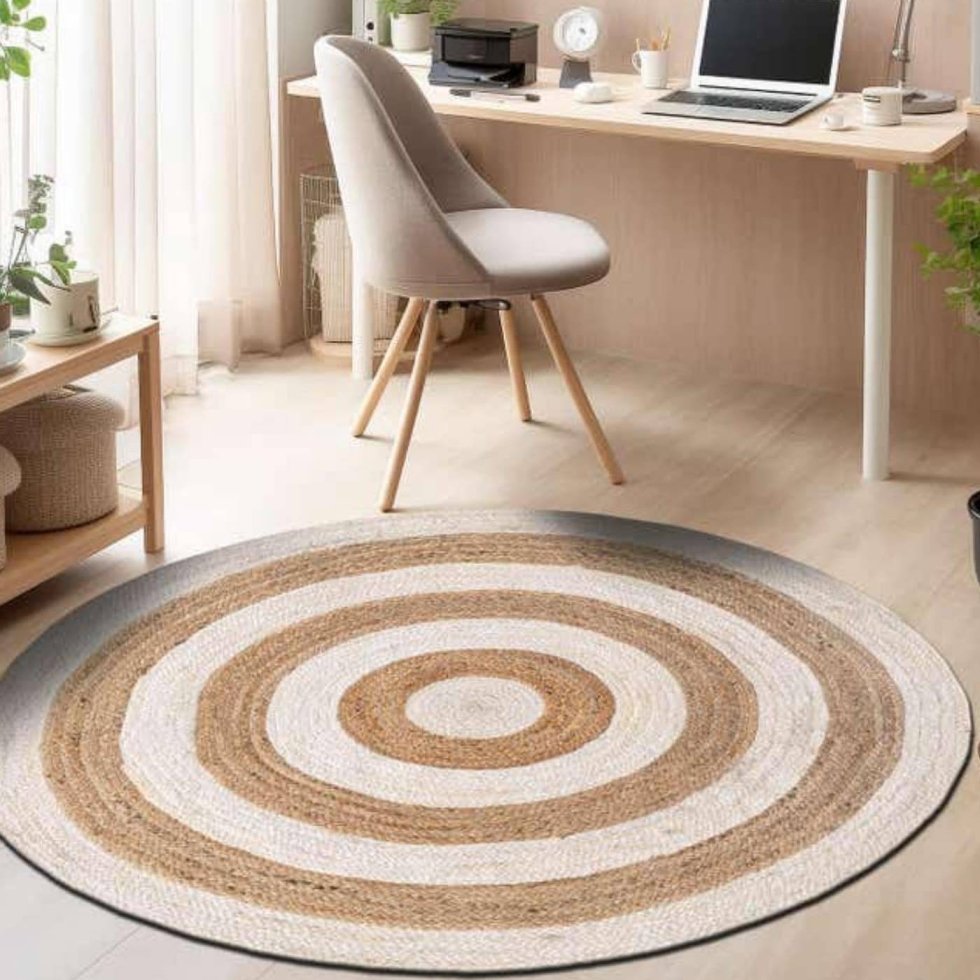 Natural and white target jute round rug