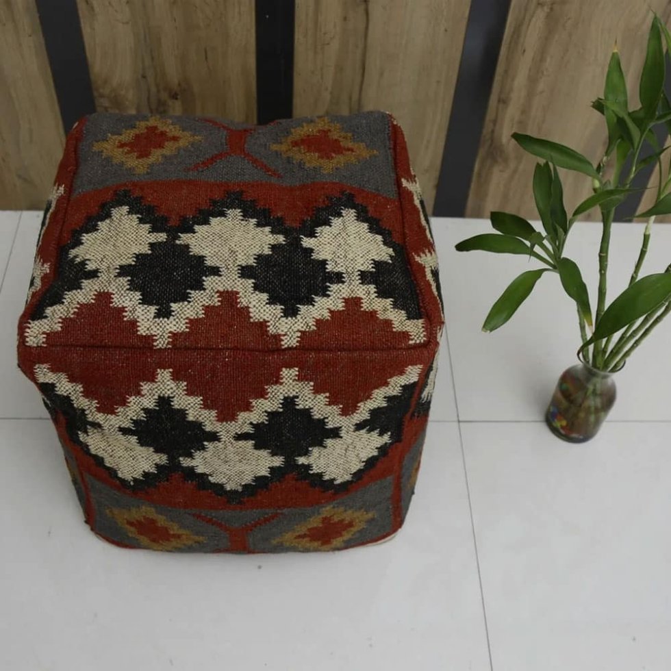 Oriental wool and jute kilim pouf - Image 2