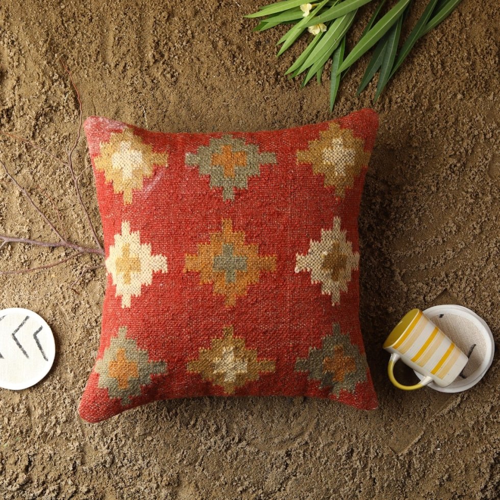 Red navajo wool and jute pillow