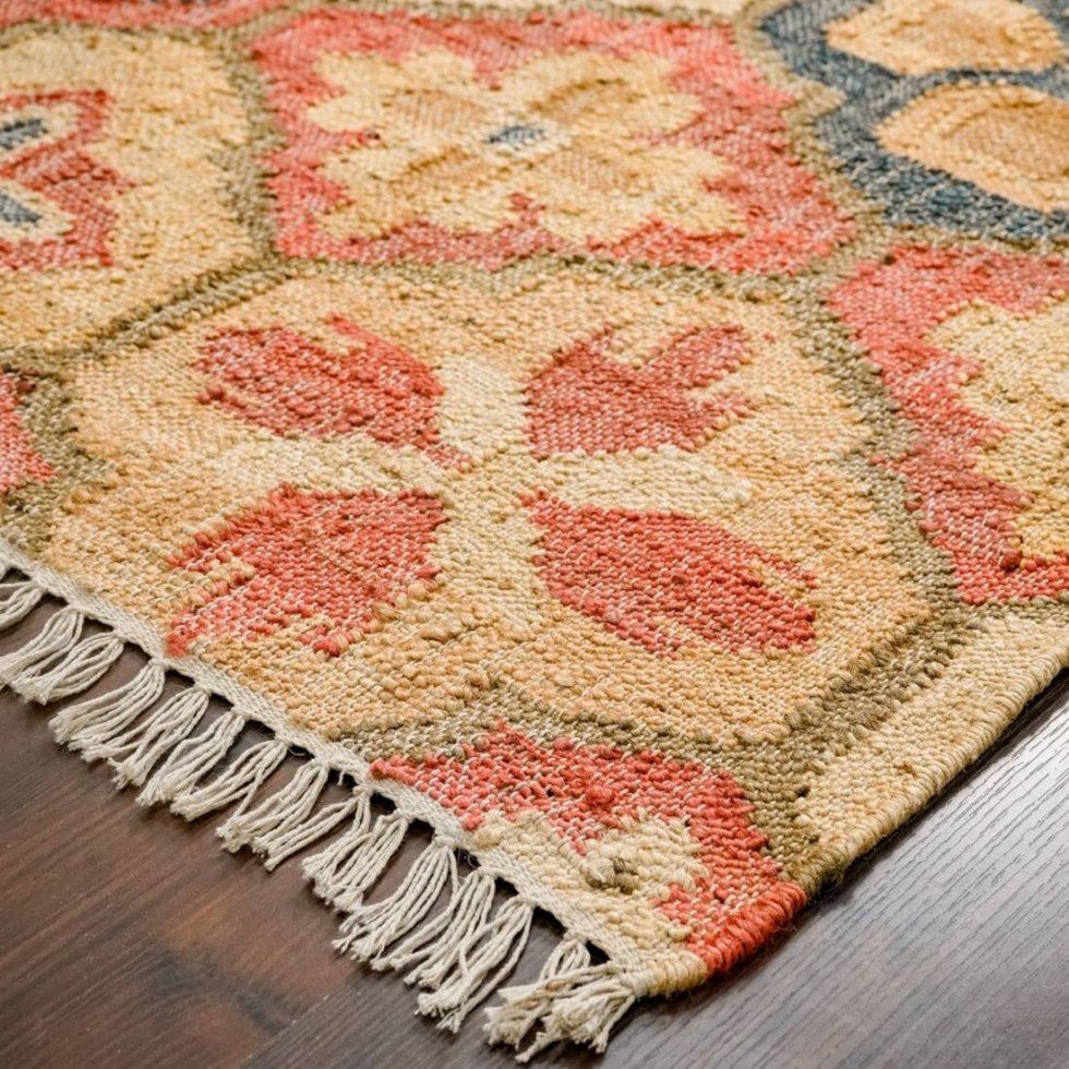 Red trellis pattern cotton and jute rug - Image 4