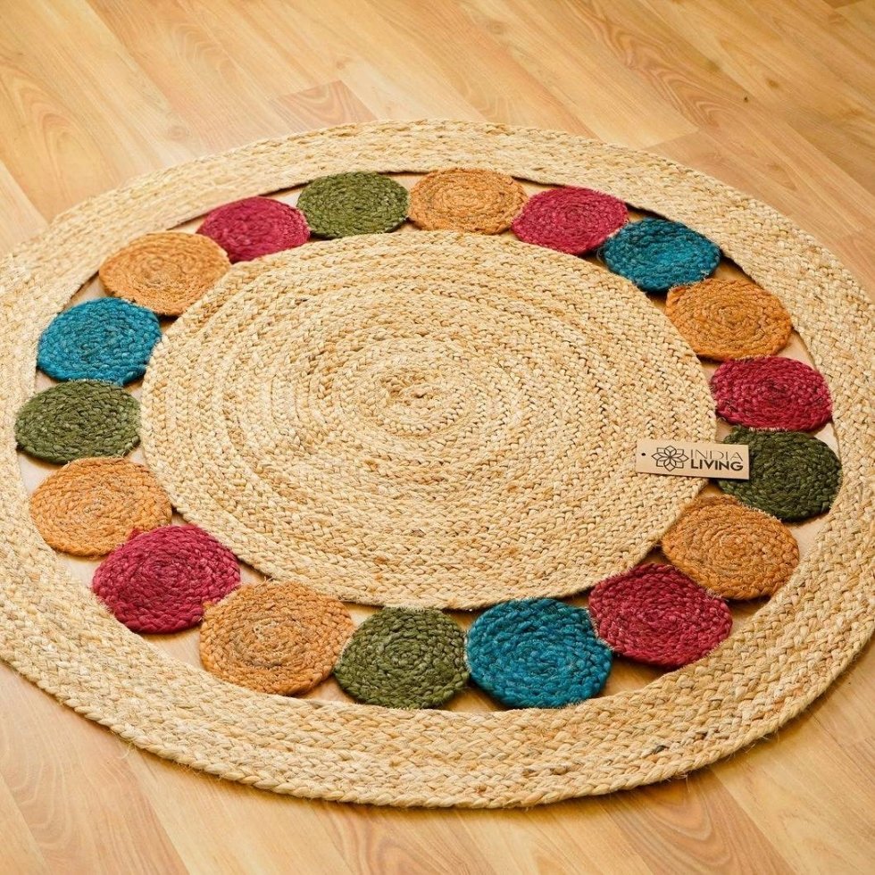 Round coloured medallion jute rug