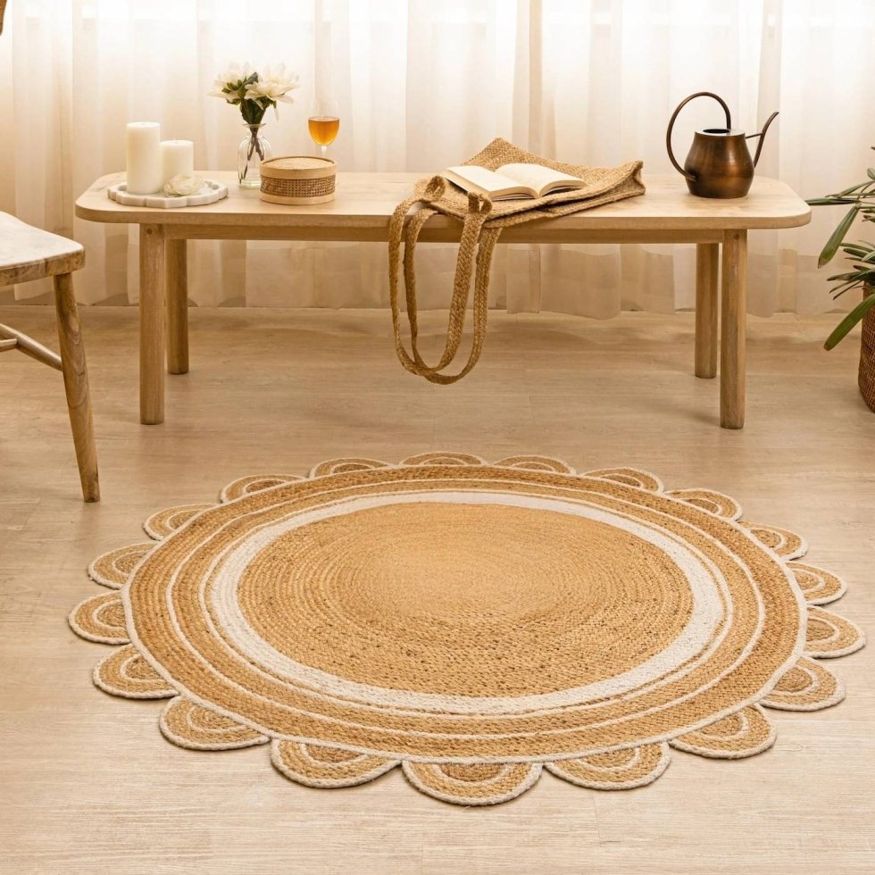 Round jute rug with scalloped edge