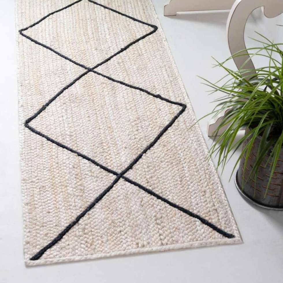 White jute rug with textured black diamond