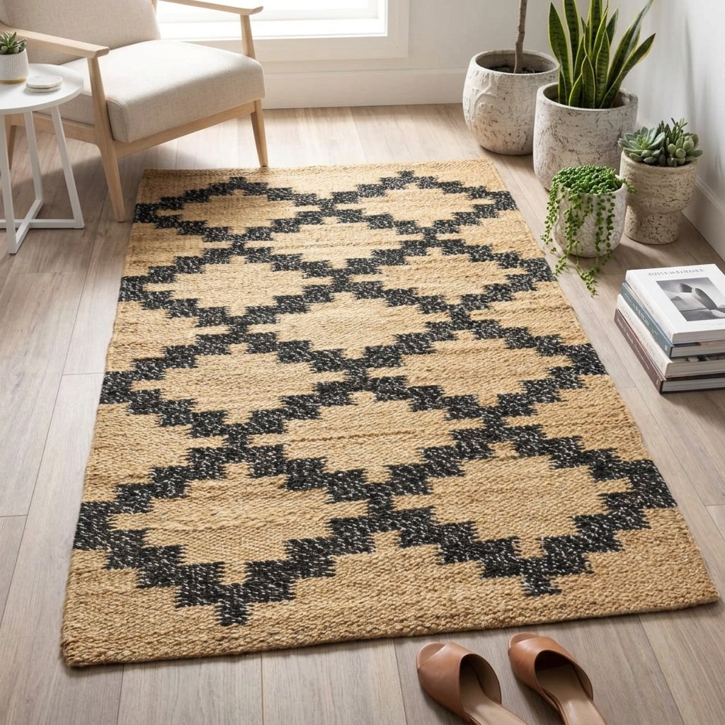Black geometric woven hemp jute rug Black geometric woven hemp jute rug