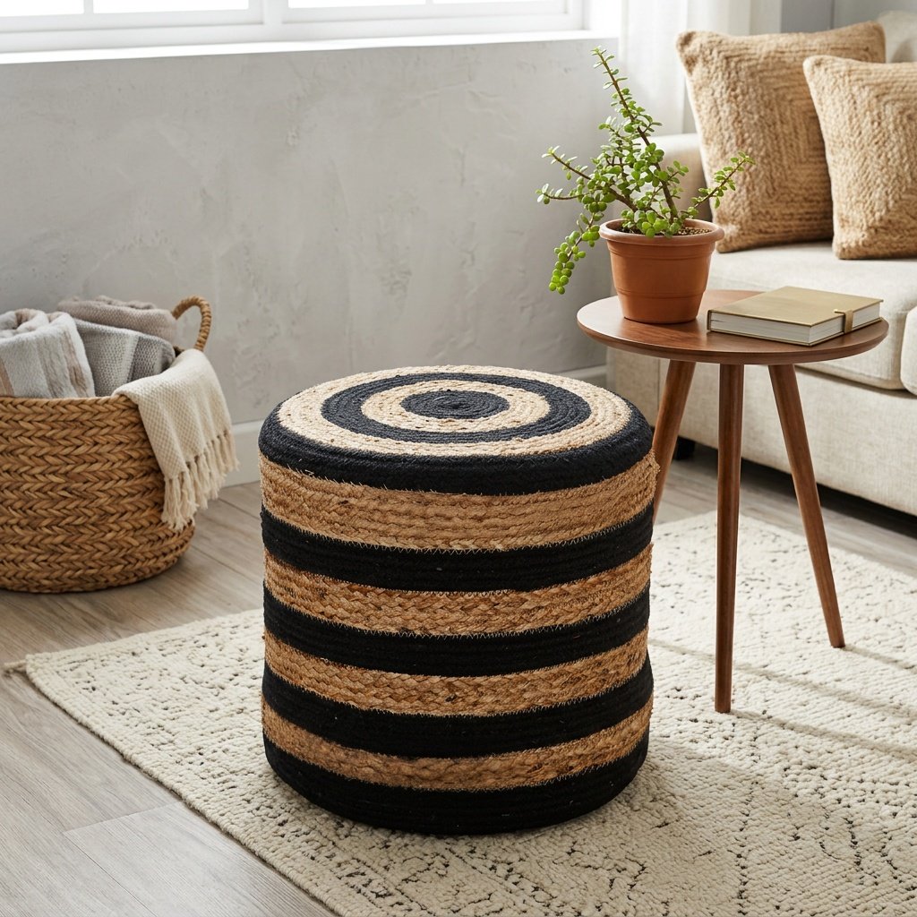 Black striped braided cotton and jute pouf ottoman Black striped braided cotton and jute pouf ottoman
