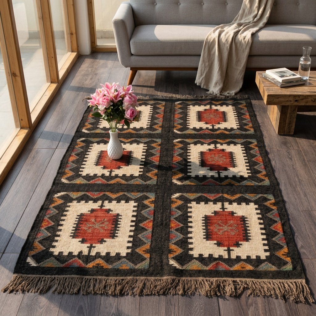 Black wool and jute kilim rug Black wool and jute kilim rug