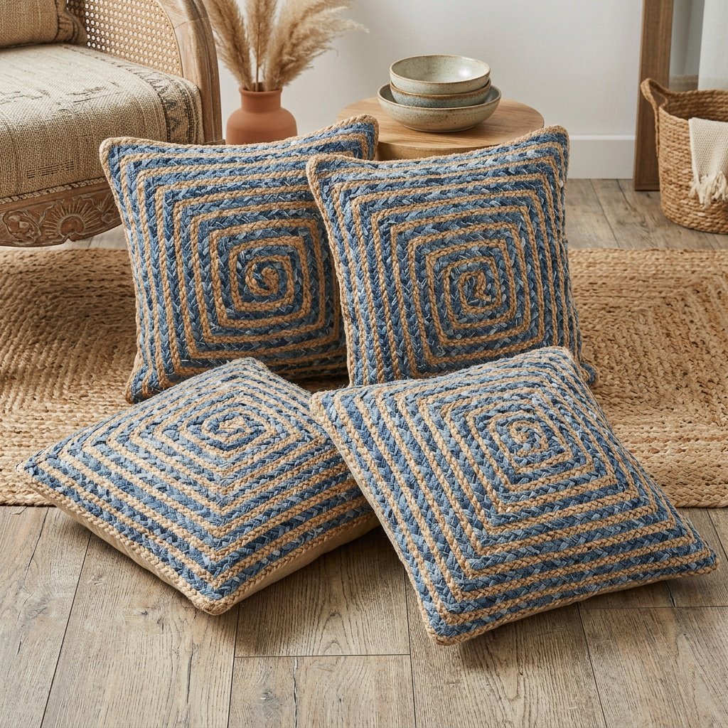 Braided denim jute pillows set Braided denim jute pillows set