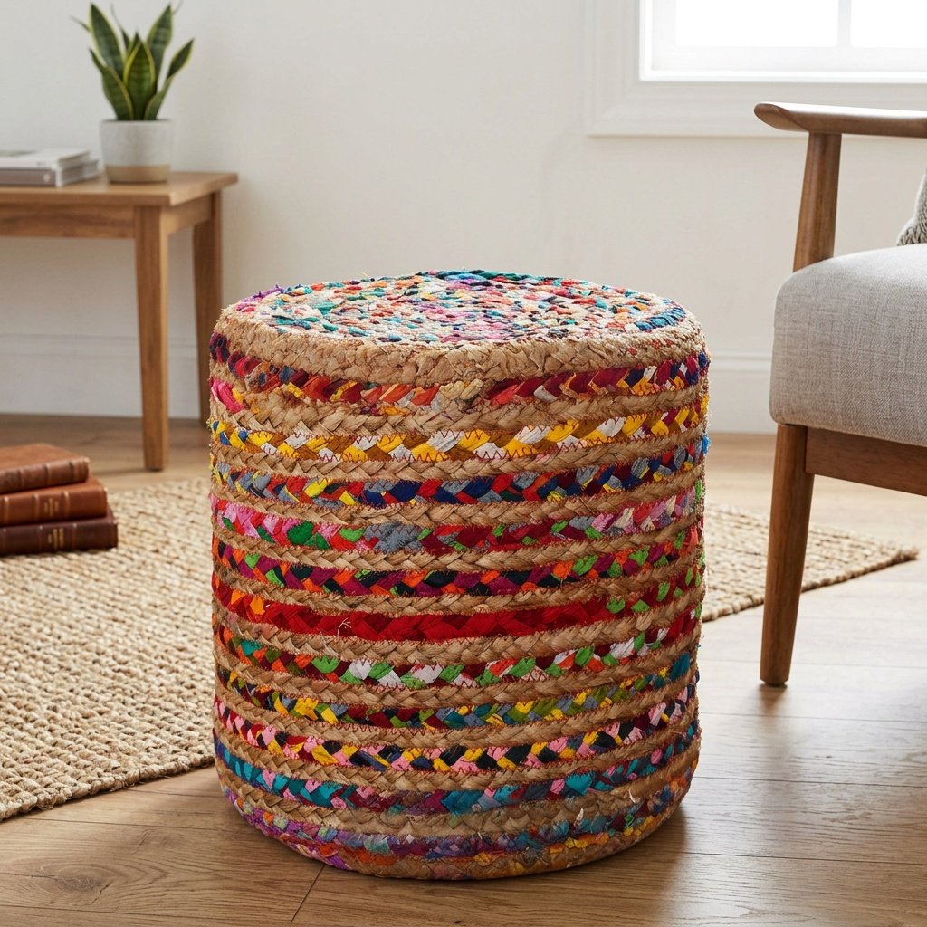 Chindi braided jute pouf ottoman Chindi braided jute pouf ottoman