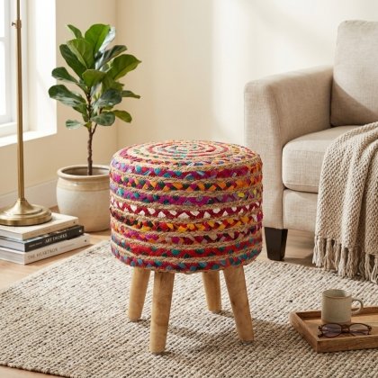 Colorful braided chindi jute pouf ottoman