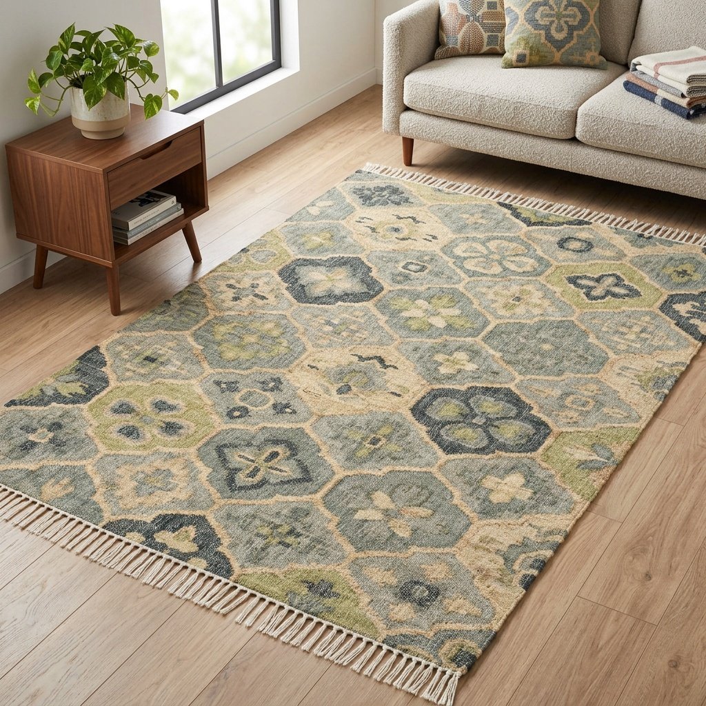 Green trellis pattern jute blend rug Green trellis pattern jute blend rug