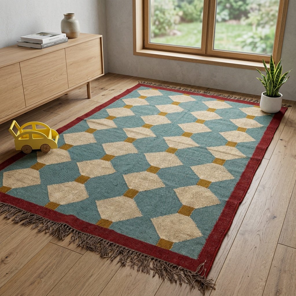 Green woven wool and jute rug Green woven wool and jute rug