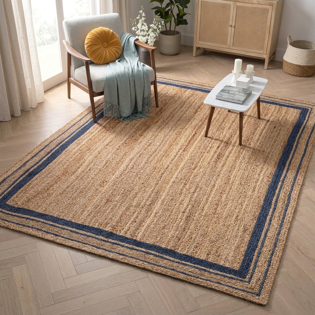 Jute area rugs with navy trim Jute area rugs with navy trim