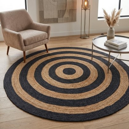 Natural and black target jute round rug