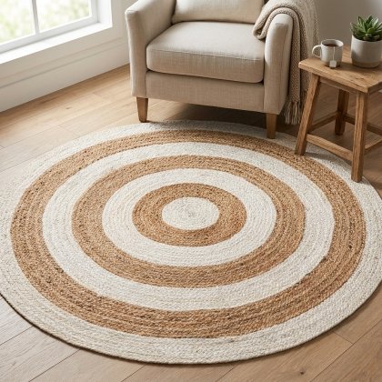 Natural and white target jute round rug