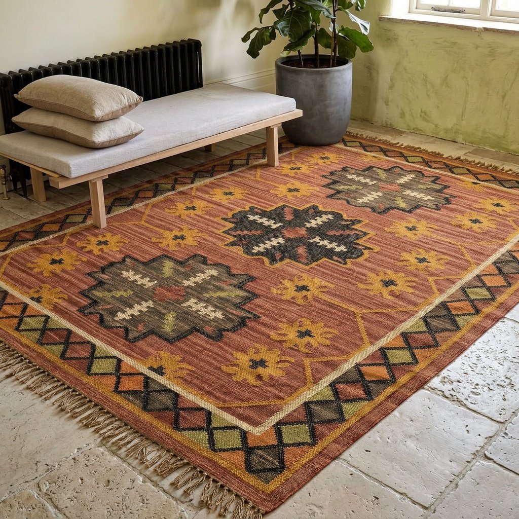 Red faded navajo wool and jute rug Red faded navajo wool and jute rug