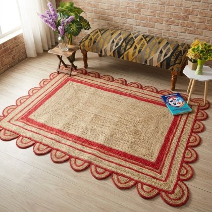 Red scalloped edge jute rug