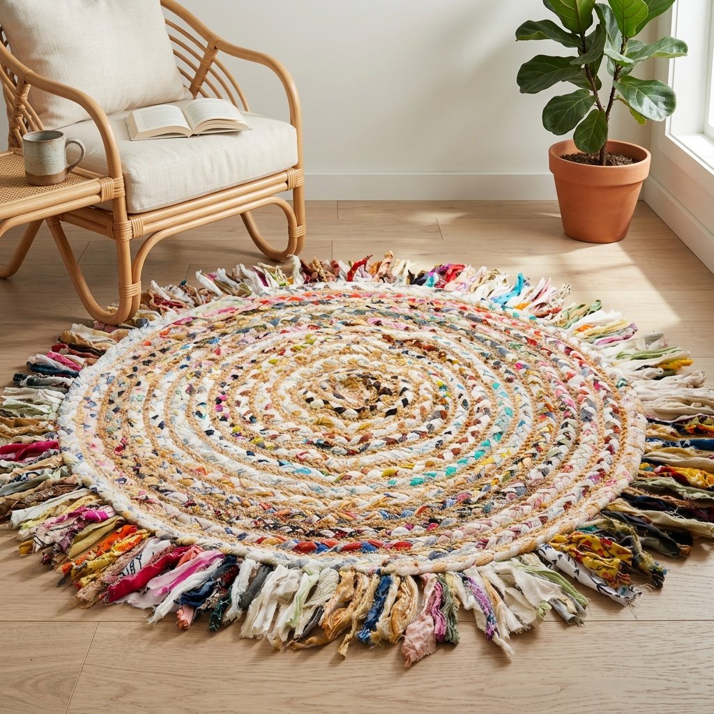 Round hand woven chindi jute rug Round hand woven chindi jute rug