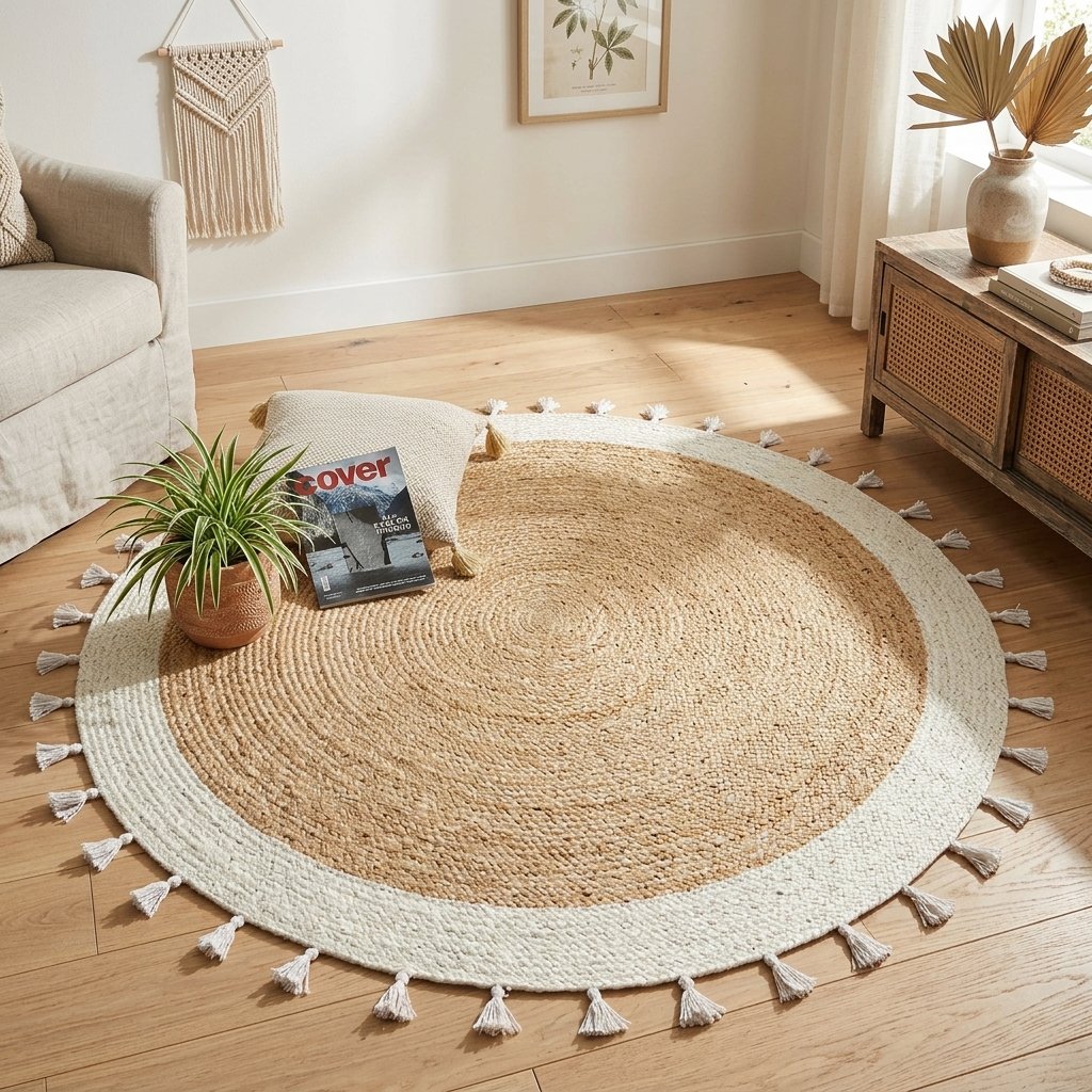 Round jute rug with white border Round jute rug with white border