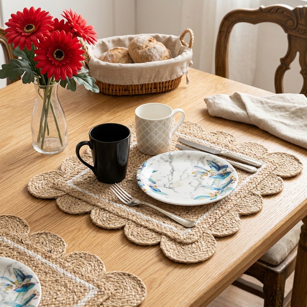 Scalloped jute placemats with white trim Scalloped jute placemats with white trim