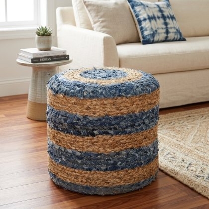 Striped denim jute pouf ottoman