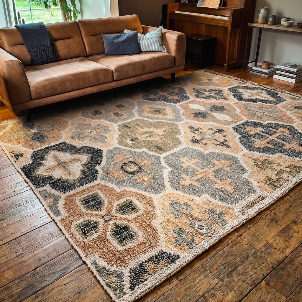 Tan trellis pattern cotton and jute rug Tan trellis pattern cotton and jute rug