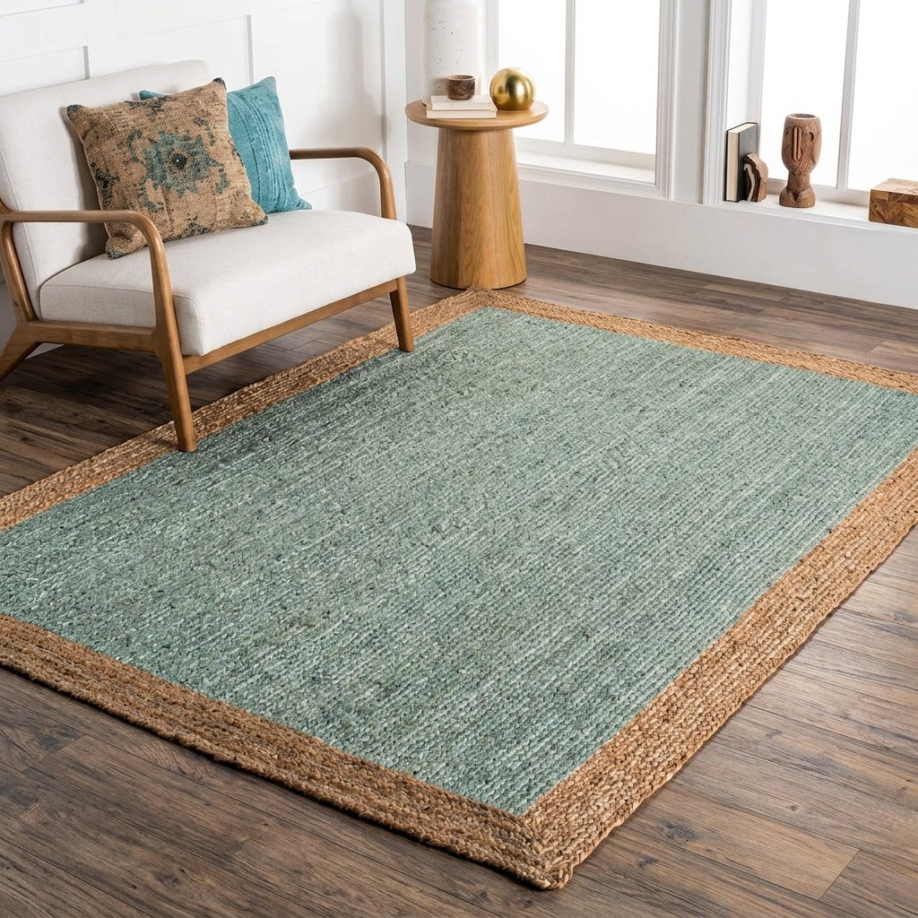 Turquoise jute rug with natural border Turquoise jute rug with natural border