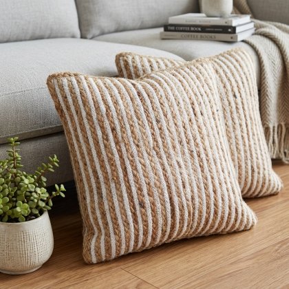 White and natural braided cotton jute pillows set