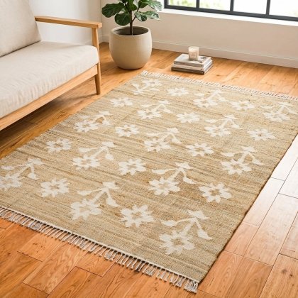 White flower cotton and jute rug